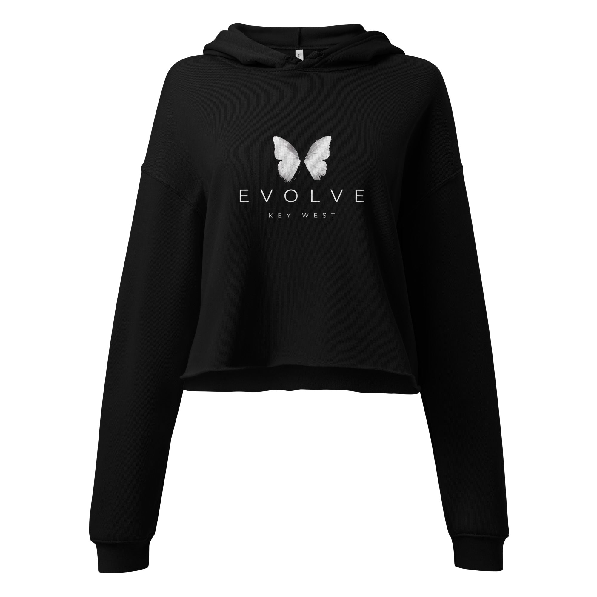 The Evolve Crop Hoodie by Evolve Key West is a must-have black cropped piece, featuring a white butterfly design alongside the 